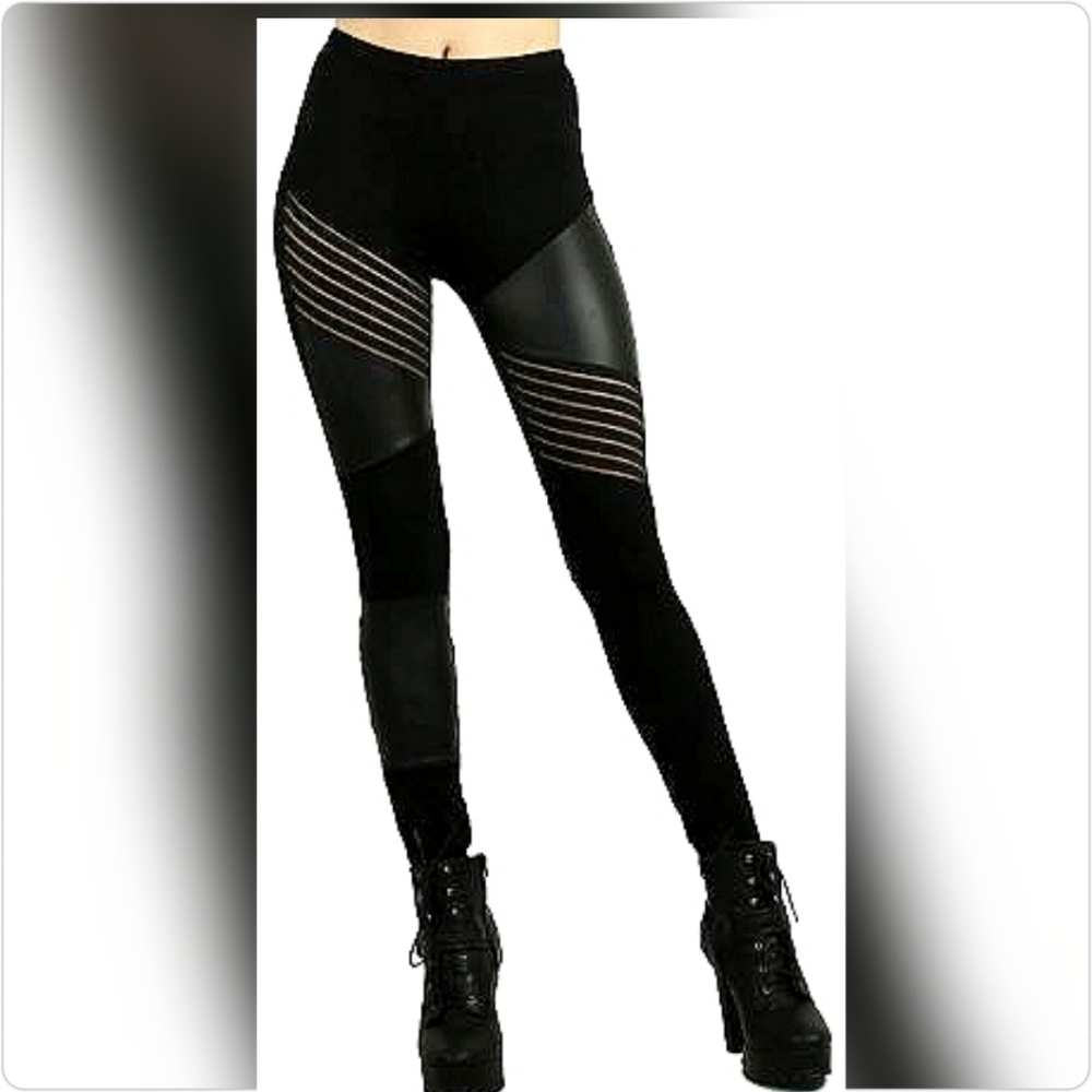 🖤Rocker/Punk Pleather Mesh Stripe Patch Leggings